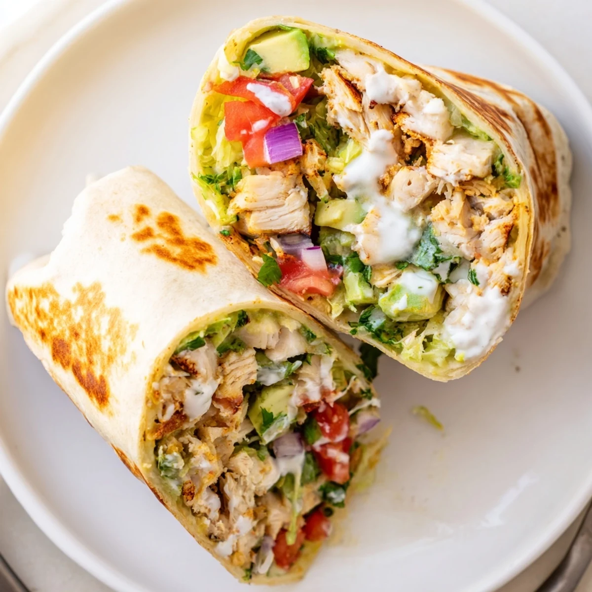Chicken Avocado Ranch Burritos sliced open, creamy avocado and melted cheese visible