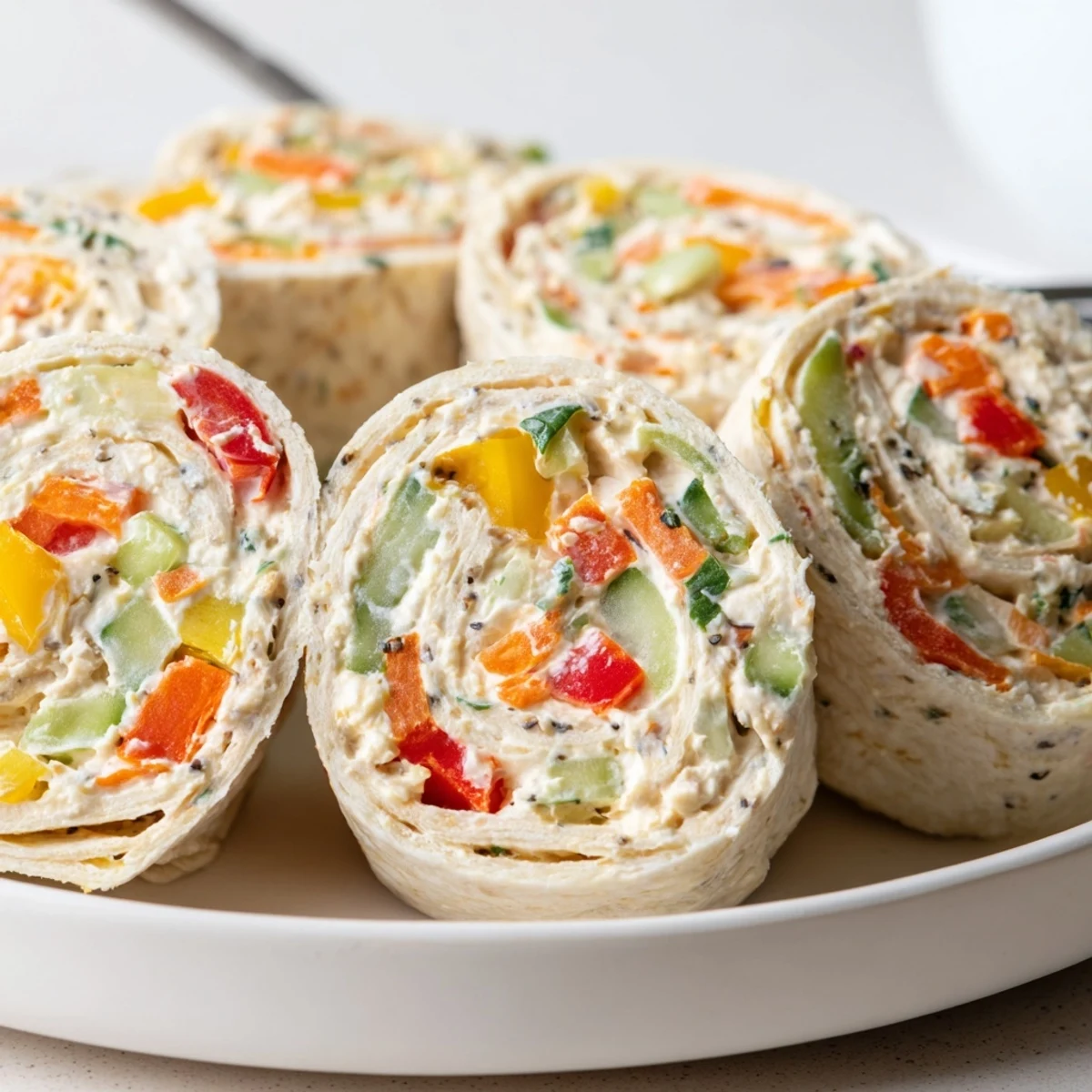Creamy Vegetable Tortilla Roll Ups sliced into pinwheels, bright bell peppers peeking.