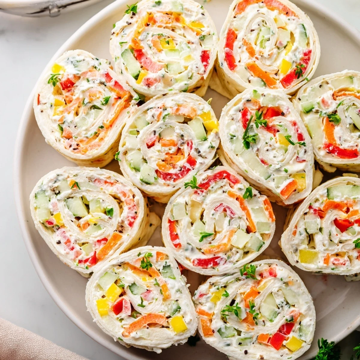 Vegetable Tortilla Roll Ups on party platter, vibrant, crisp vegetable filling visible.