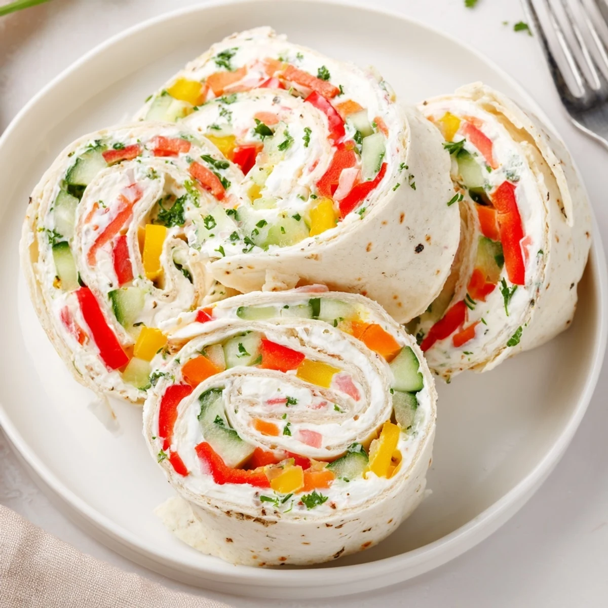 Vegetable Tortilla Roll Ups on picnic plate, cool creamy filling with crunch.