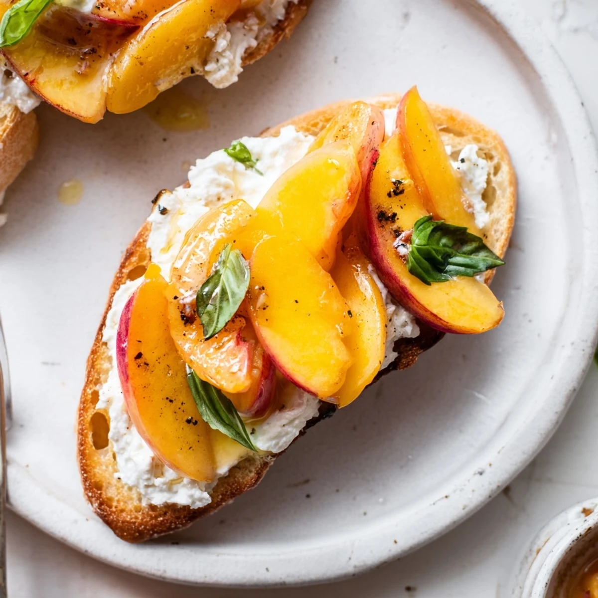 Peach Bruschetta With Whipped Ricotta on toasted baguette, juicy peaches, torn basil.