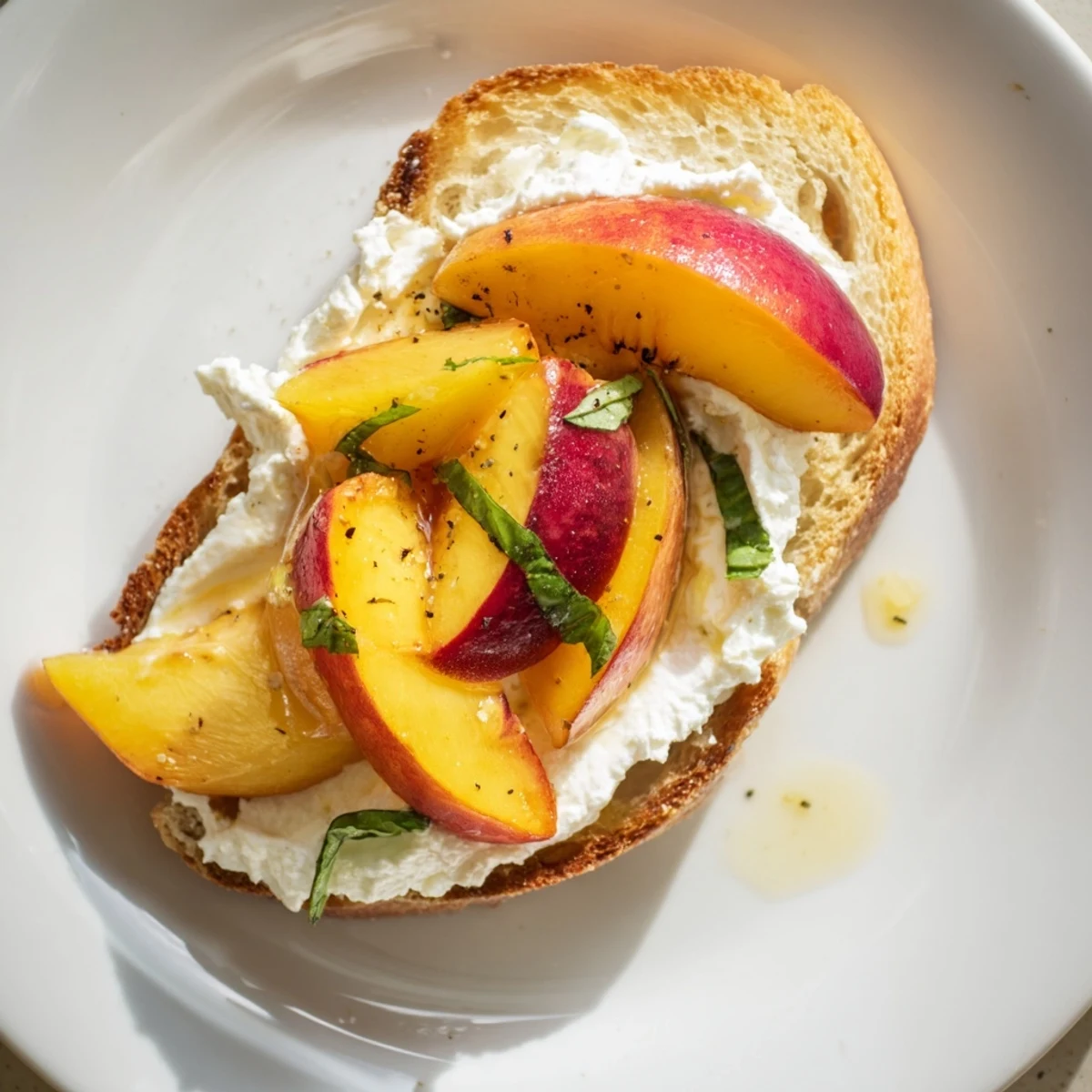 Summer appetizer plated: Peach Bruschetta With Whipped Ricotta, flaky sea salt sparkle.