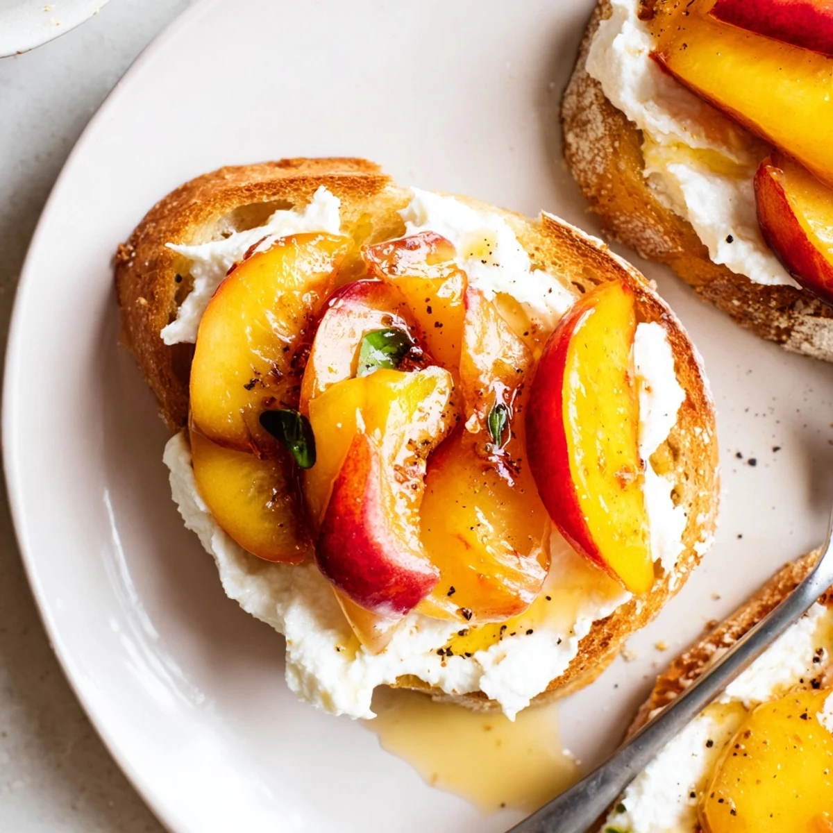 Honey-drizzled slices of Peach Bruschetta With Whipped Ricotta, cracked pepper finish.