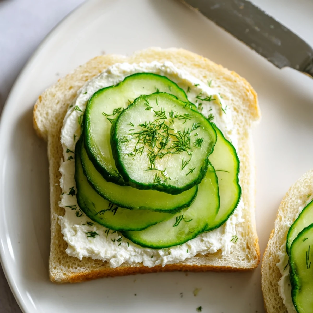 Handheld Classic Cucumber Sandwiches showing thin slices, buttery cream cheese filling.