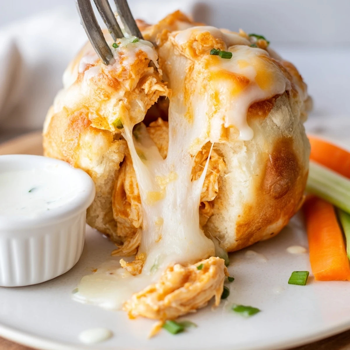 Buffalo Chicken Mozzarella Bombs with golden crust, oozing spicy cheese inside