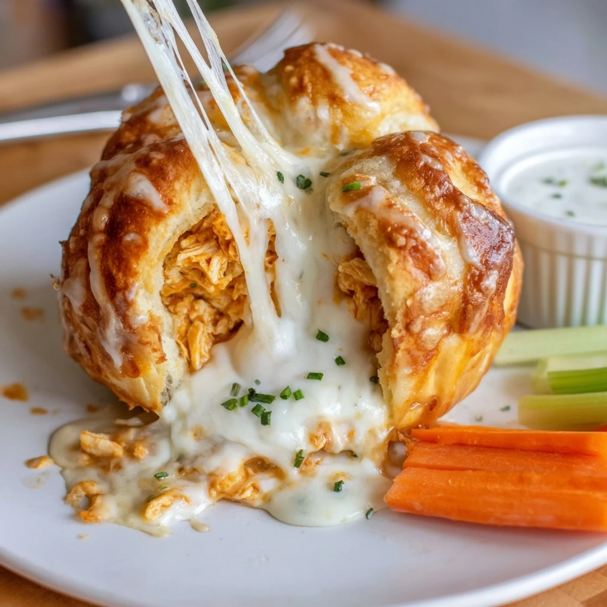 Warm Buffalo Chicken Mozzarella Bombs plated for game day, brushed with garlic butter
