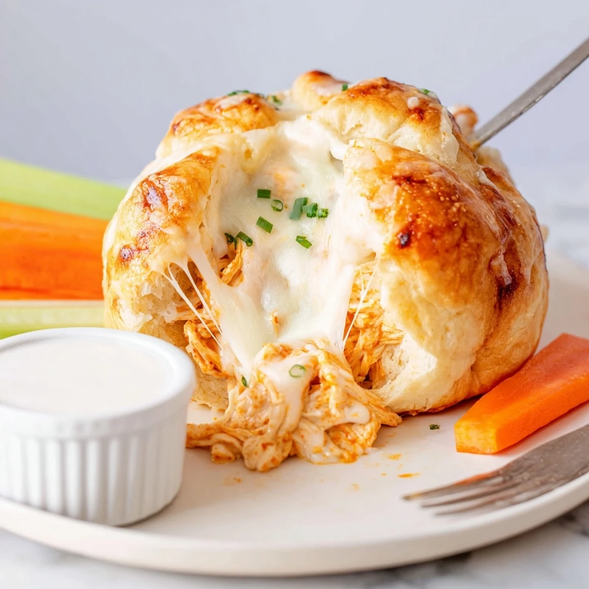Handheld Buffalo Chicken Mozzarella Bombs steaming, served with ranch and celery sticks