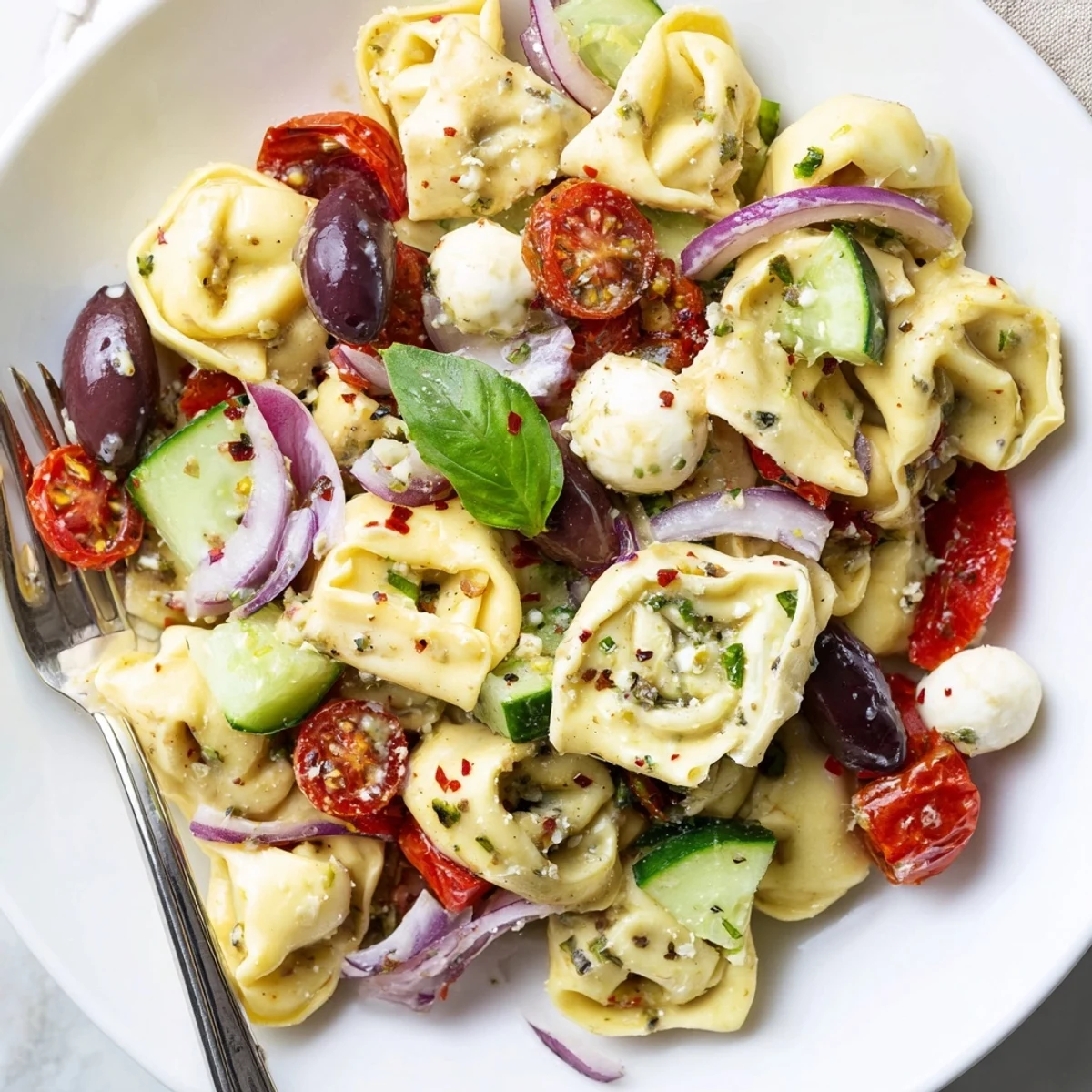 Tortellini Pasta Salad piled in bowl with cherry tomatoes and basil