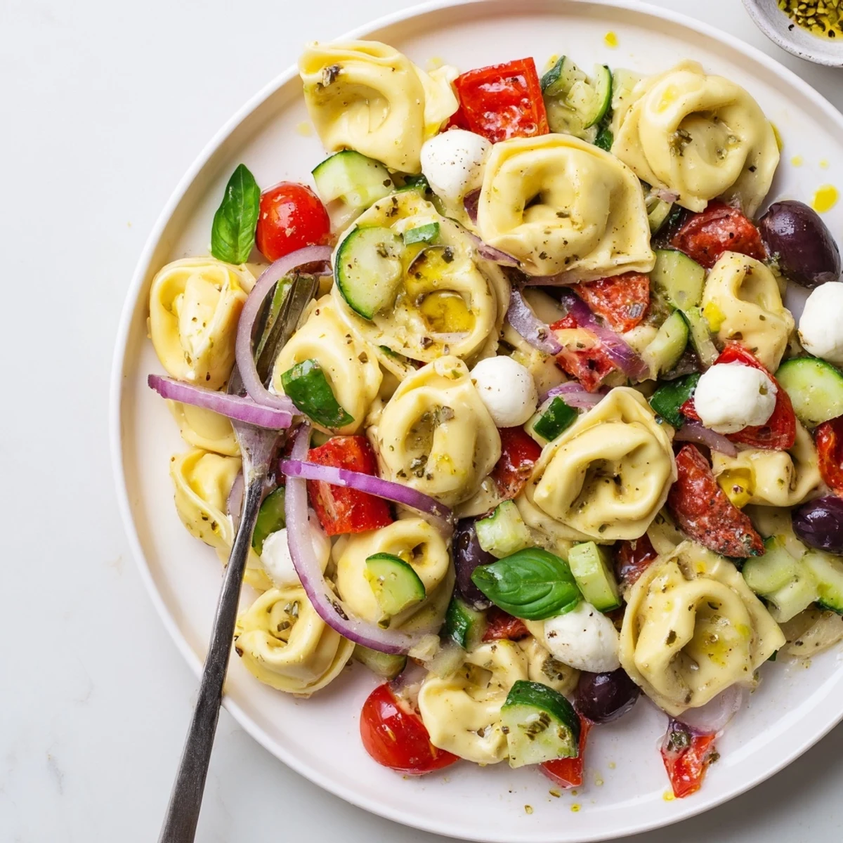 Chilled Tortellini Pasta Salad glistening with zesty Italian dressing, ready to serve