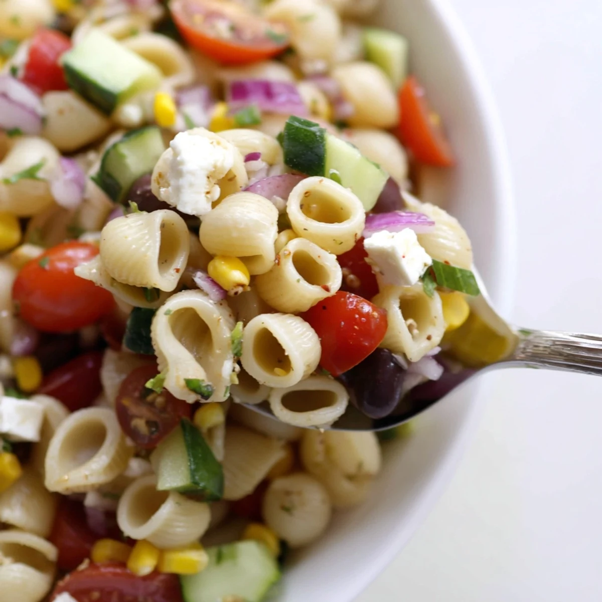Pasta Salad Cups Recipe: colorful mini cups with al dente pasta and feta