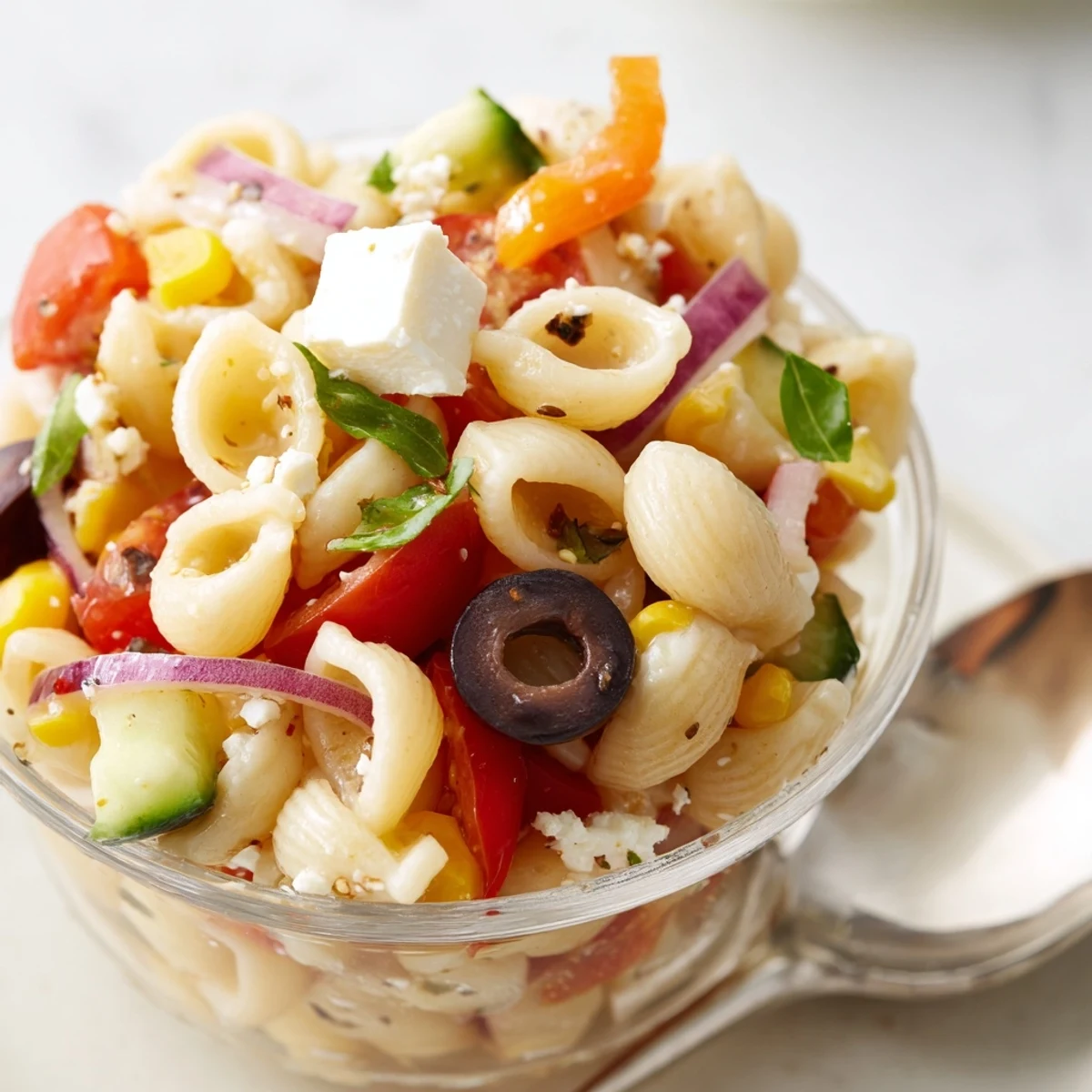 Bright Pasta Salad Cups Recipe served chilled in clear cups, basil garnish