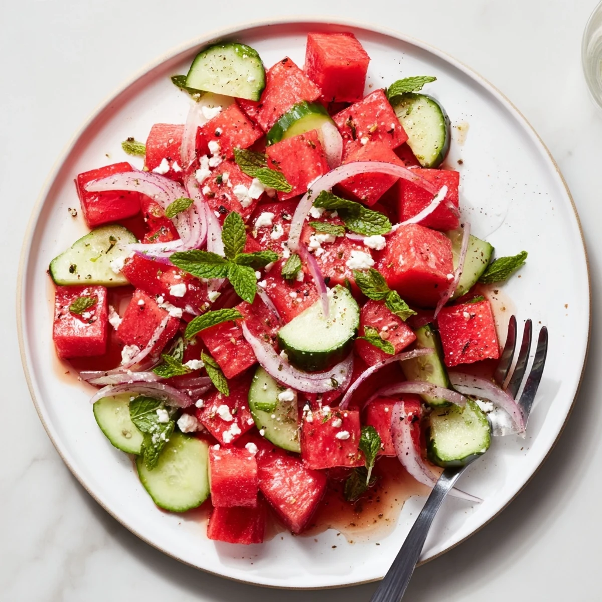 Watermelon Cucumber Salad with mint and lime, juicy cubes glistening, picnic-ready