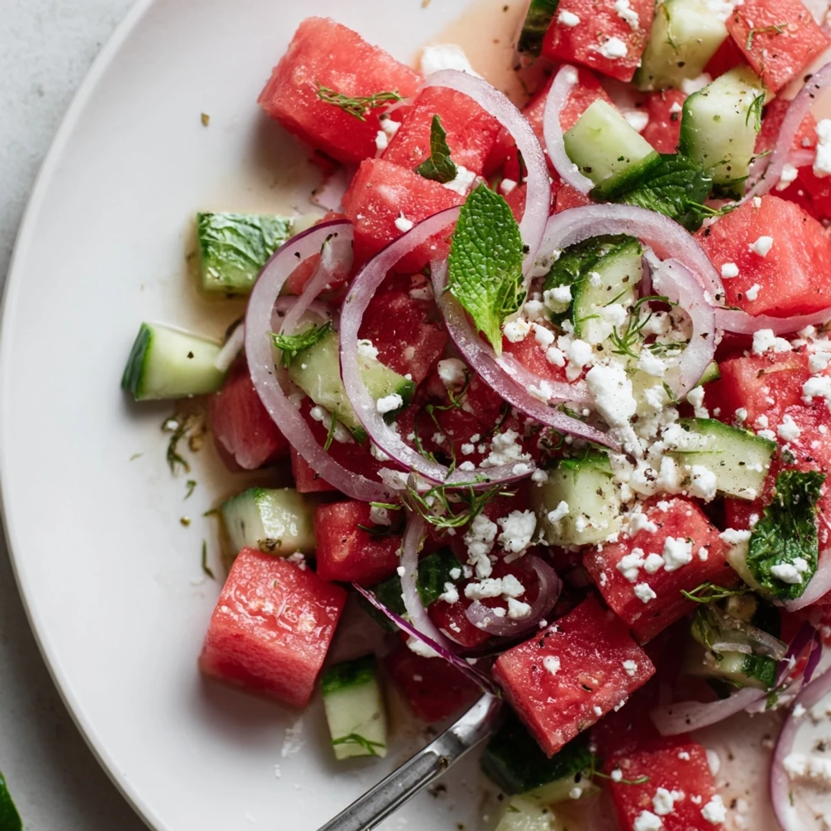 Chilled Watermelon Cucumber Salad tossed in zesty lime dressing, garnished with feta