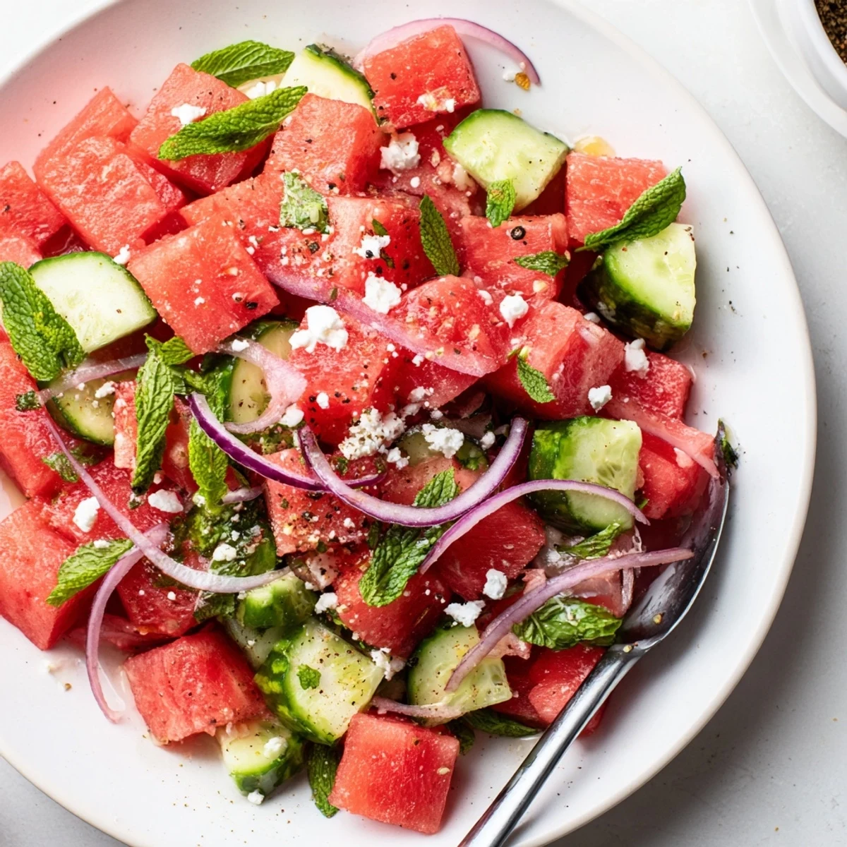 Bright Watermelon Cucumber Salad: crisp cucumber, sweet watermelon, mint, ideal for barbecues