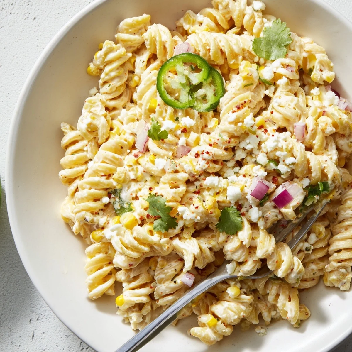 Juicy Street Corn Pasta Salad with charred corn, creamy dressing, cilantro garnish