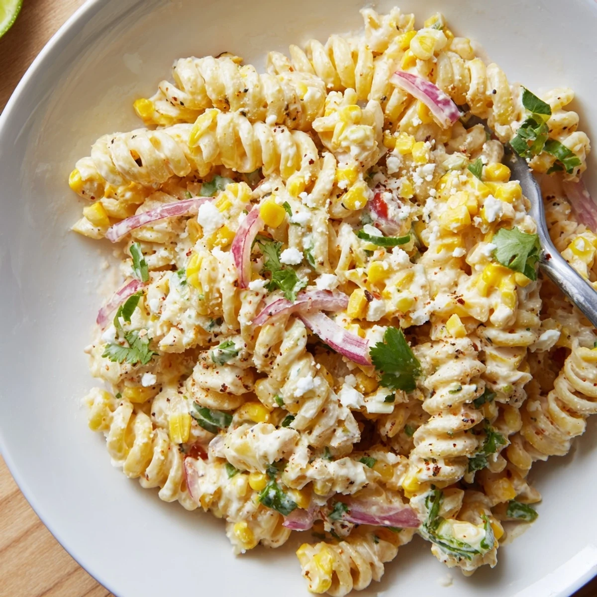 Bright Juicy Street Corn Pasta Salad chilled, tangy lime, crumbled cotija