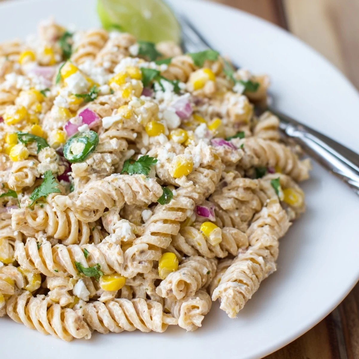 Family-style Juicy Street Corn Pasta Salad tossed with smoked paprika, lime wedges