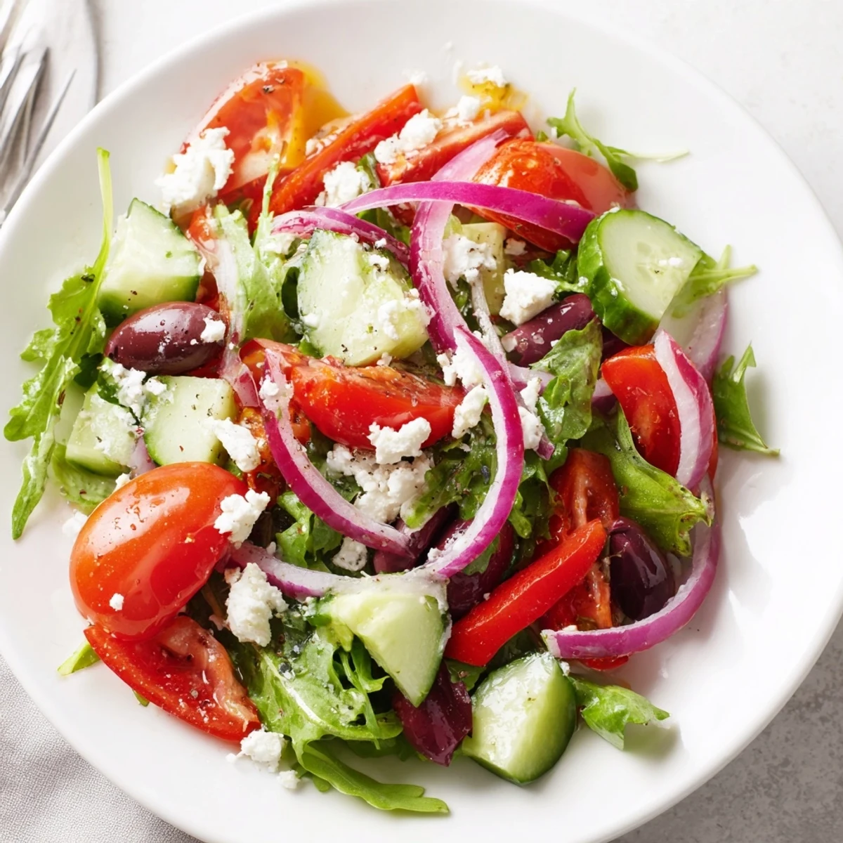 Fresh Salad Recipe with crunchy cucumber, sweet cherry tomatoes, bright lemon dressing.