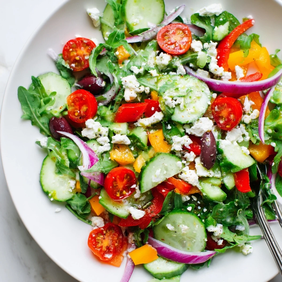 Colorful Fresh Salad Recipe featuring arugula, feta crumbles, tangy Dijon honey vinaigrette.
