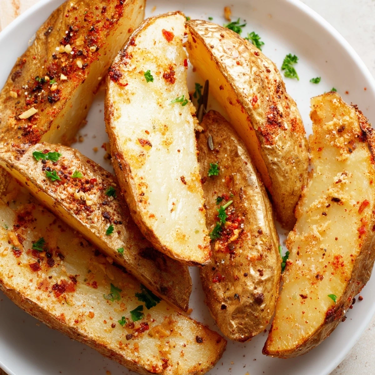 Crispy oven-baked Potato Wedges with golden edges, fluffy interior, sprinkled parsley