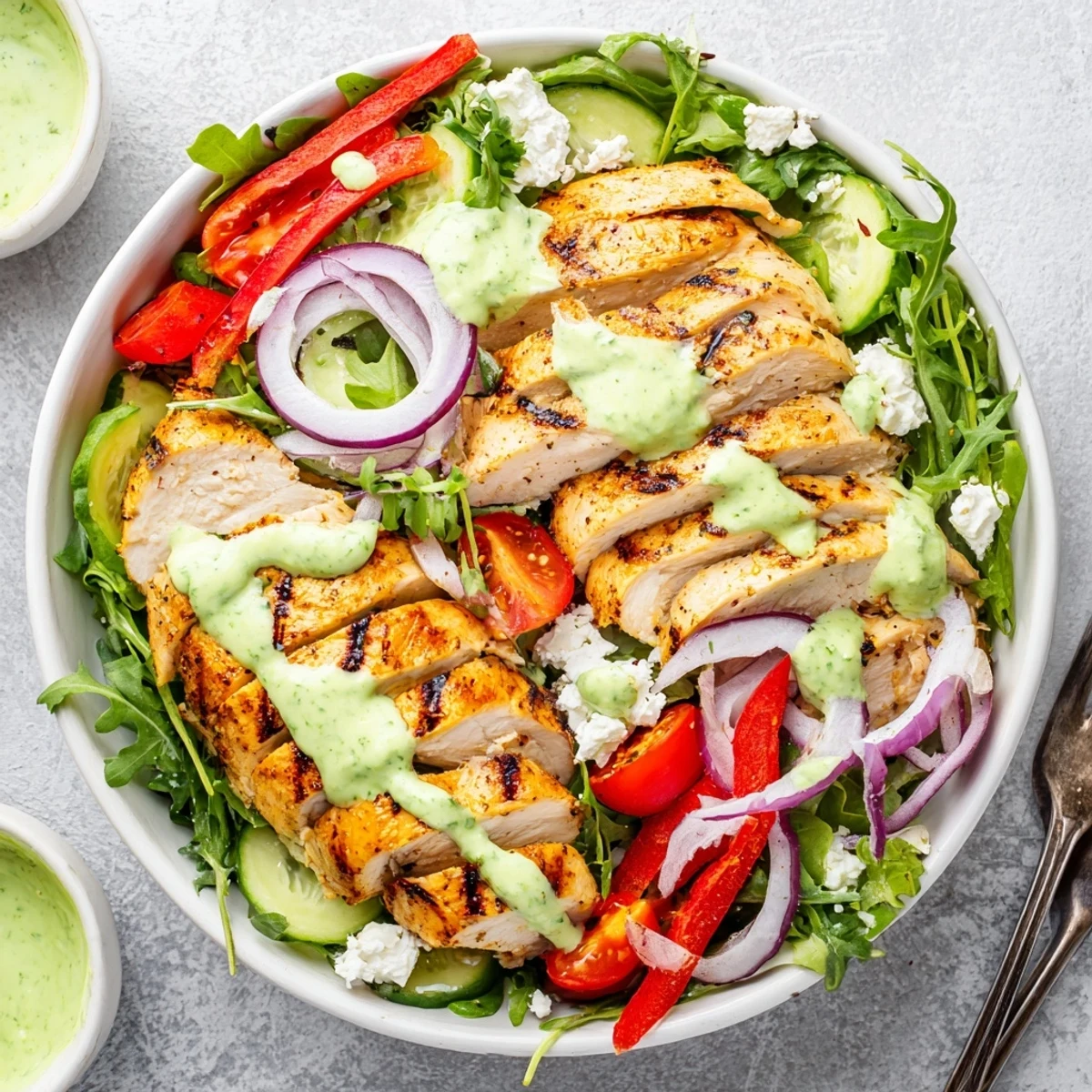 Juicy grilled slices atop crisp greens — Grilled Chicken Salad Avocado Herb Dressing Recipe