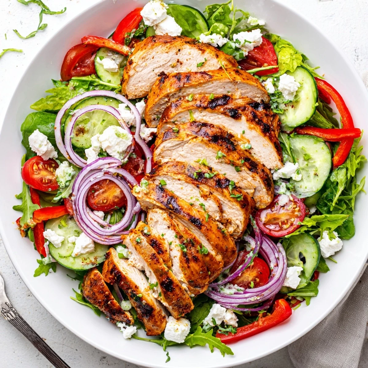 Bright summer plate featuring Grilled Chicken Salad Avocado Herb Dressing Recipe and crumbled feta