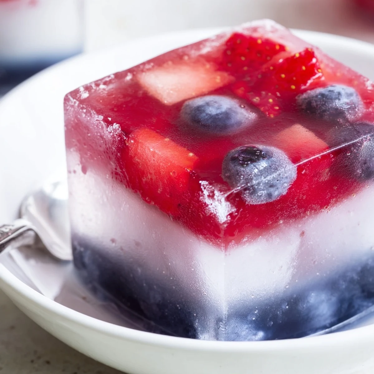 Red White And Blue Ice Cubes Recipe showing vibrant layered fruit, chilled and glistening