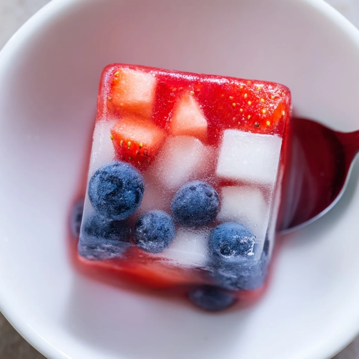 Homemade Red White And Blue Ice Cubes Recipe with tart strawberries and cool coconut