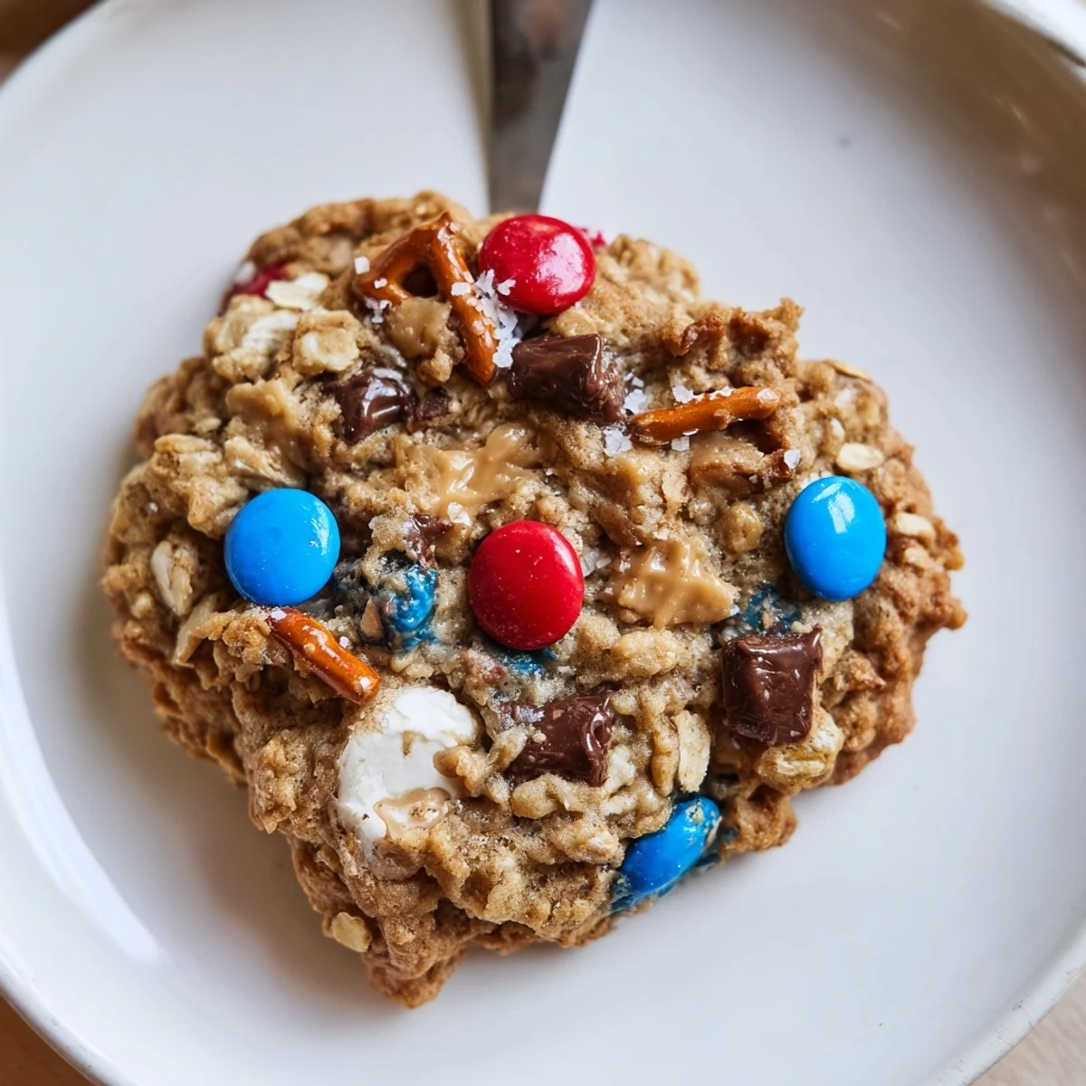 Warm Patriotic Monster Cookies Recipe on a cooling rack, chewy oats visible