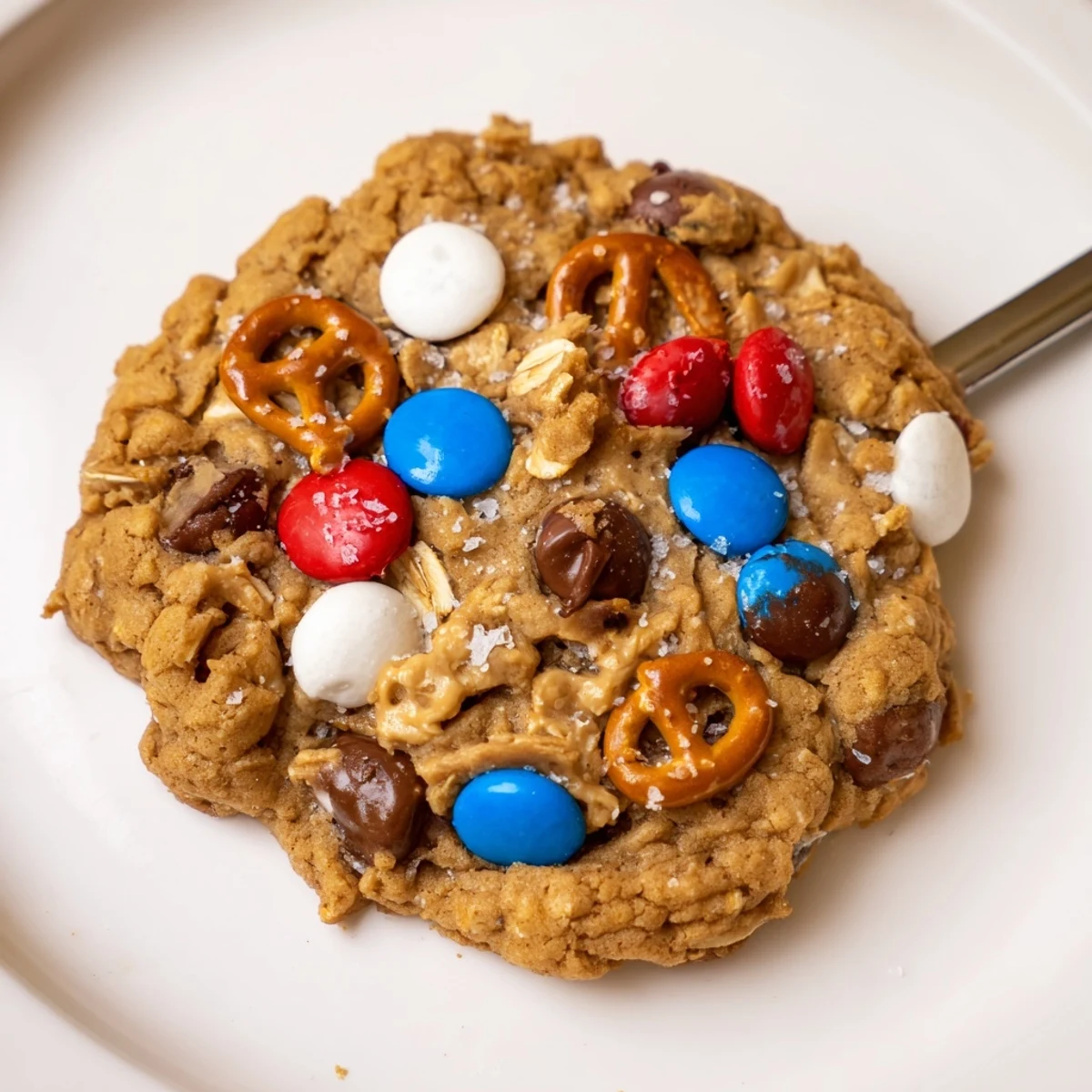 Plate of freshly baked Patriotic Monster Cookies Recipe with melty chocolate chips