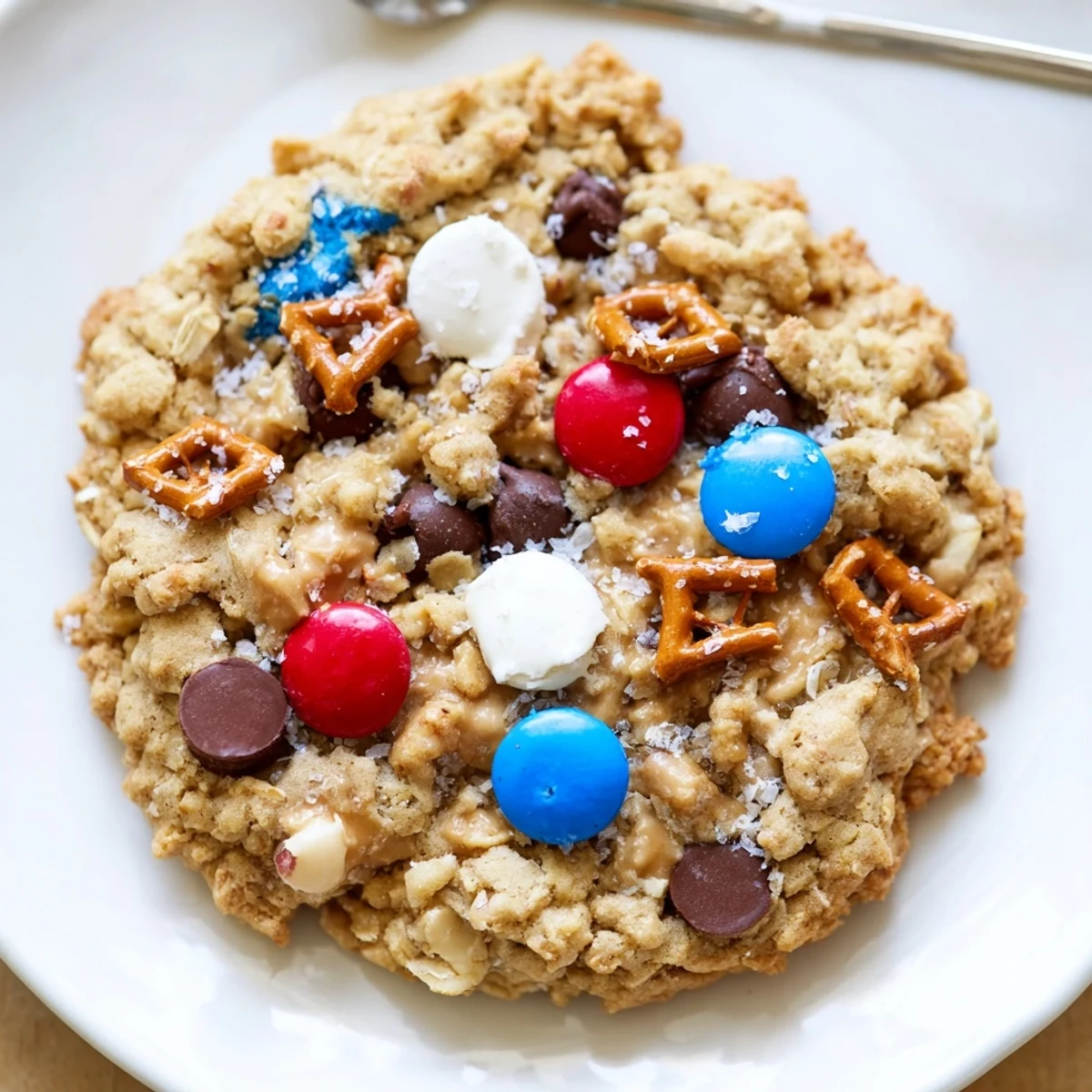 Close-up of crunchy edges and red, white, blue candies in Patriotic Monster Cookies Recipe