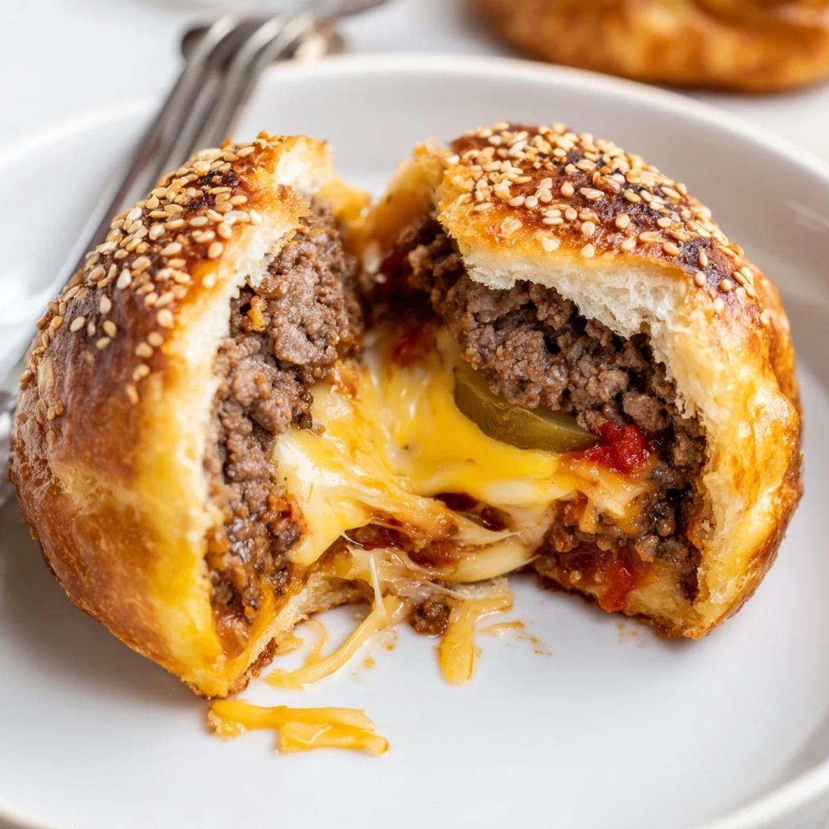 Golden sesame-topped Cheesy Cheeseburger Bombs Explosion Recipe with gooey cheese pull