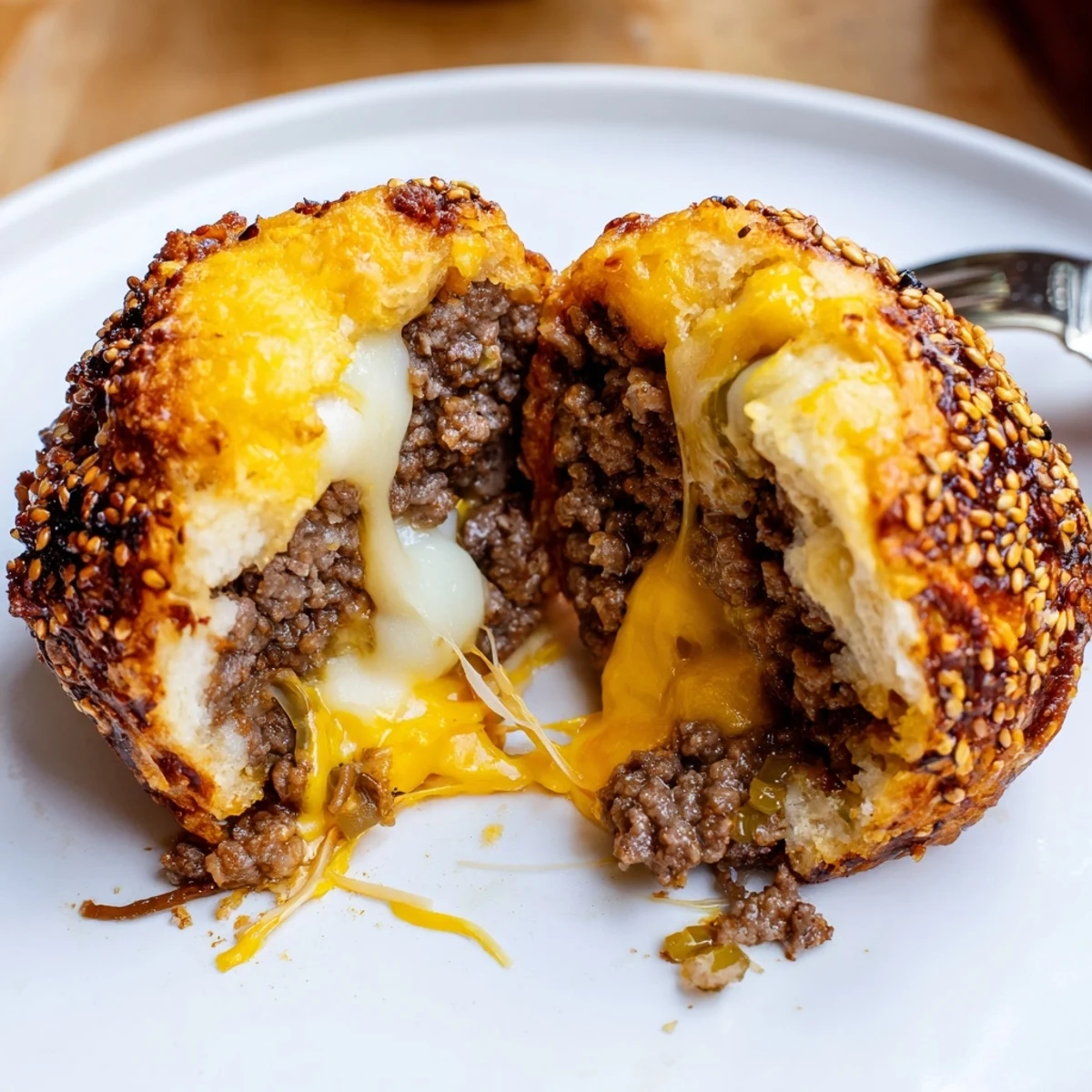 Plate of warm Cheesy Cheeseburger Bombs Explosion Recipe oozing beef and cheddar