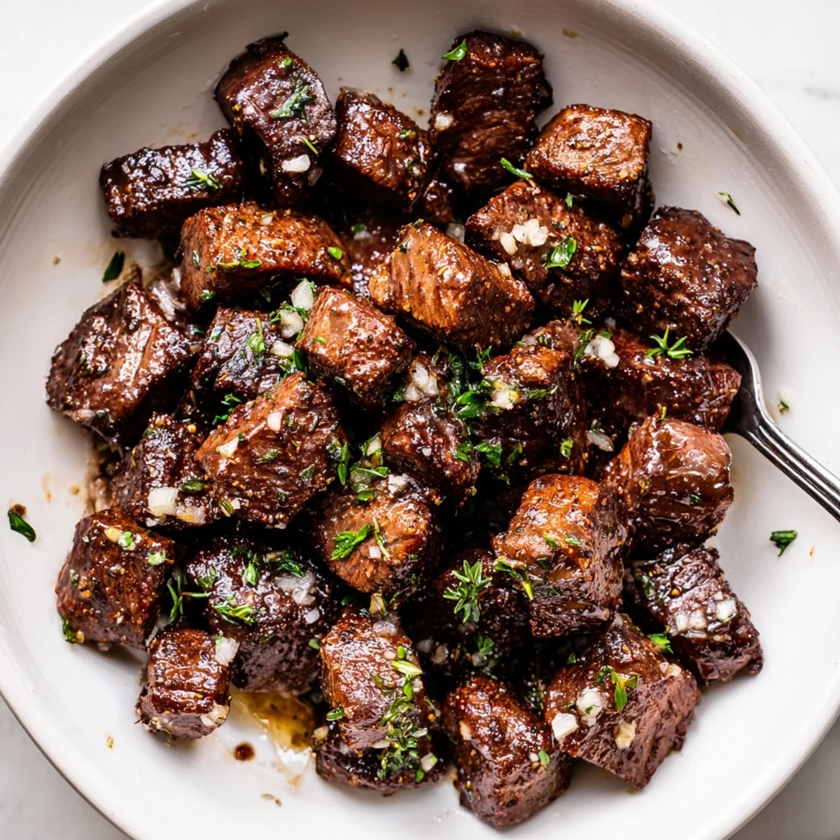 Garlic Butter Steak Bites sizzling in cast-iron, browned crust and glossy butter.