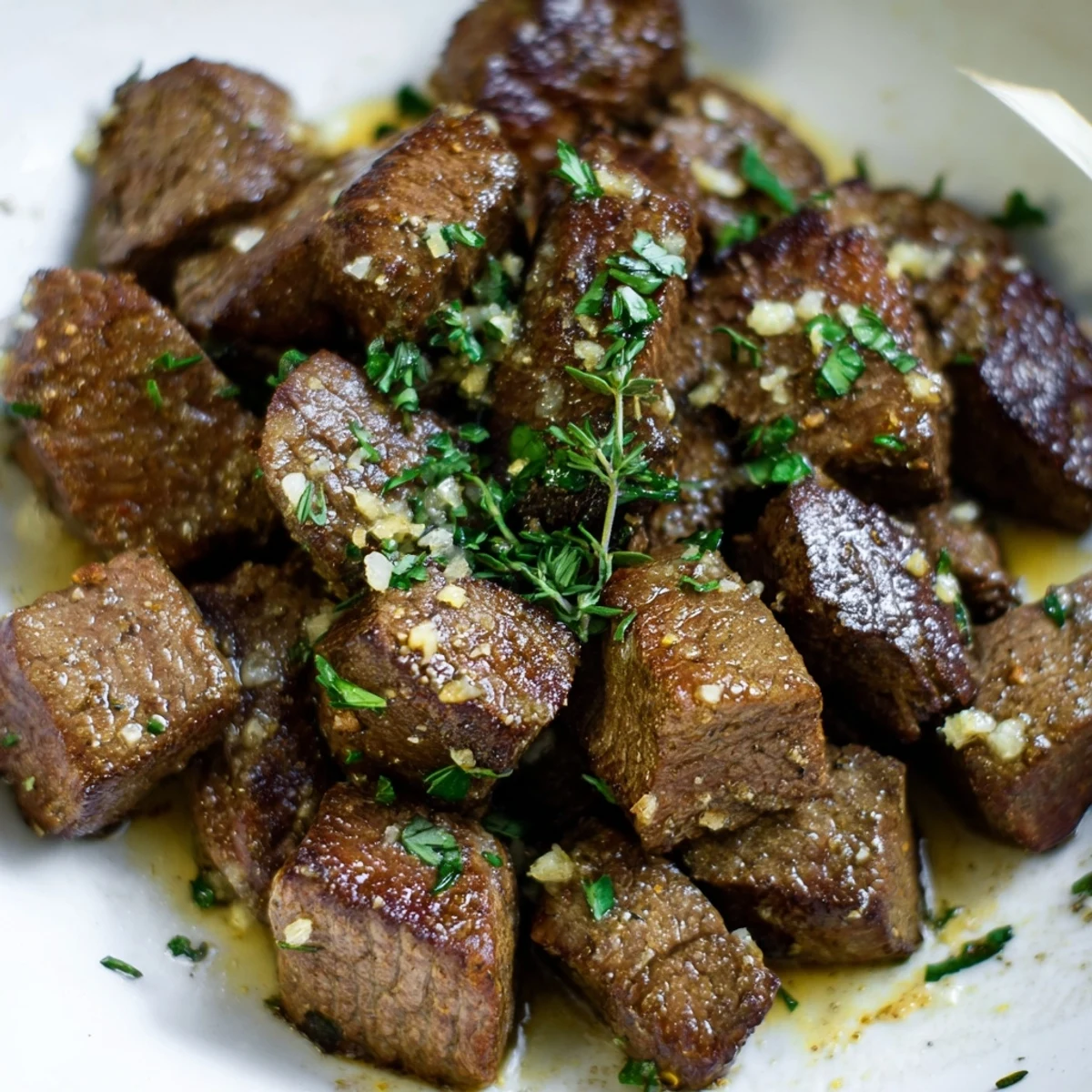 Garlic Butter Steak Bites piled on creamy mashed potatoes, sprinkled with parsley.