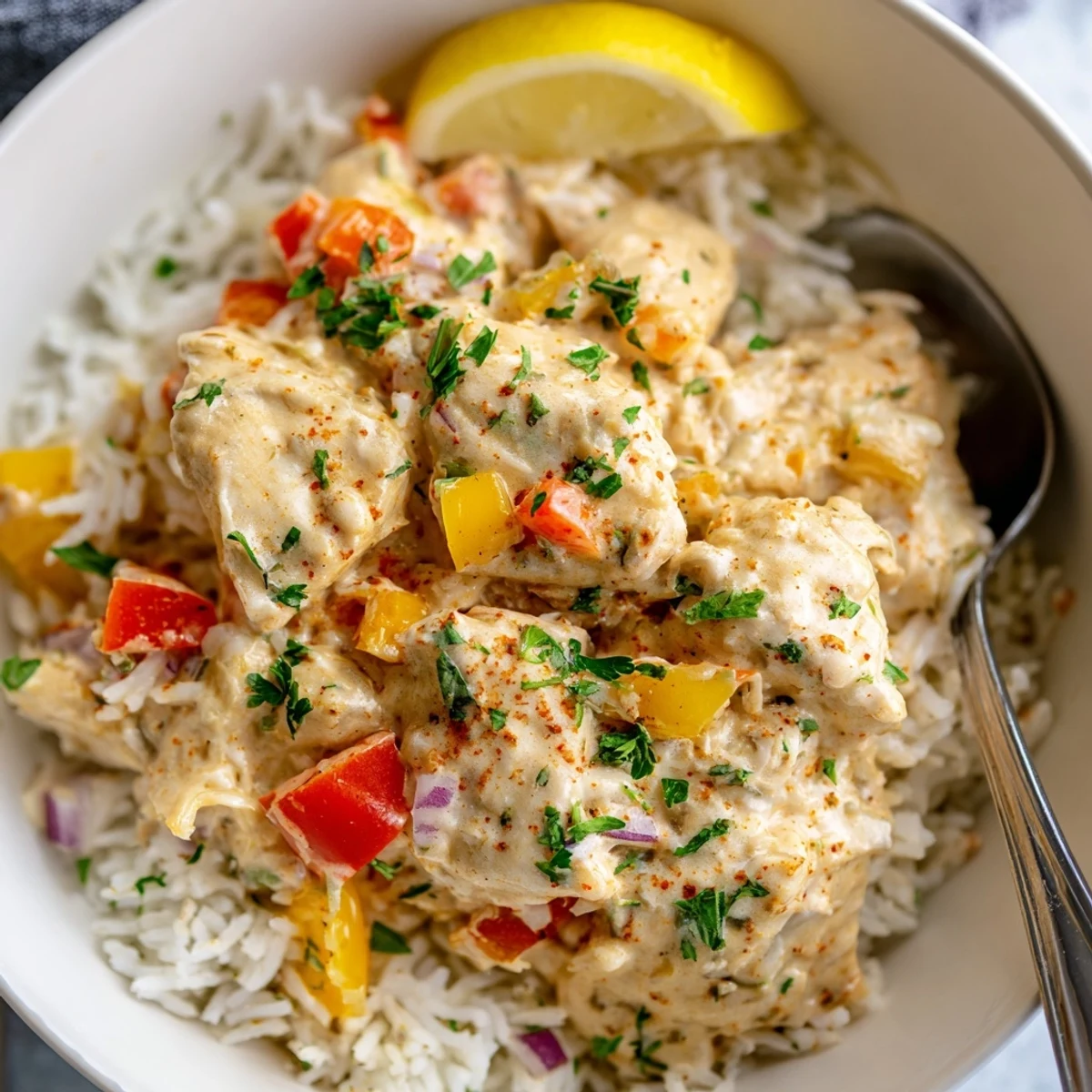 Creamy Cajun Chicken Rice Bowls with tender chicken, colorful bell peppers, and parsley.
