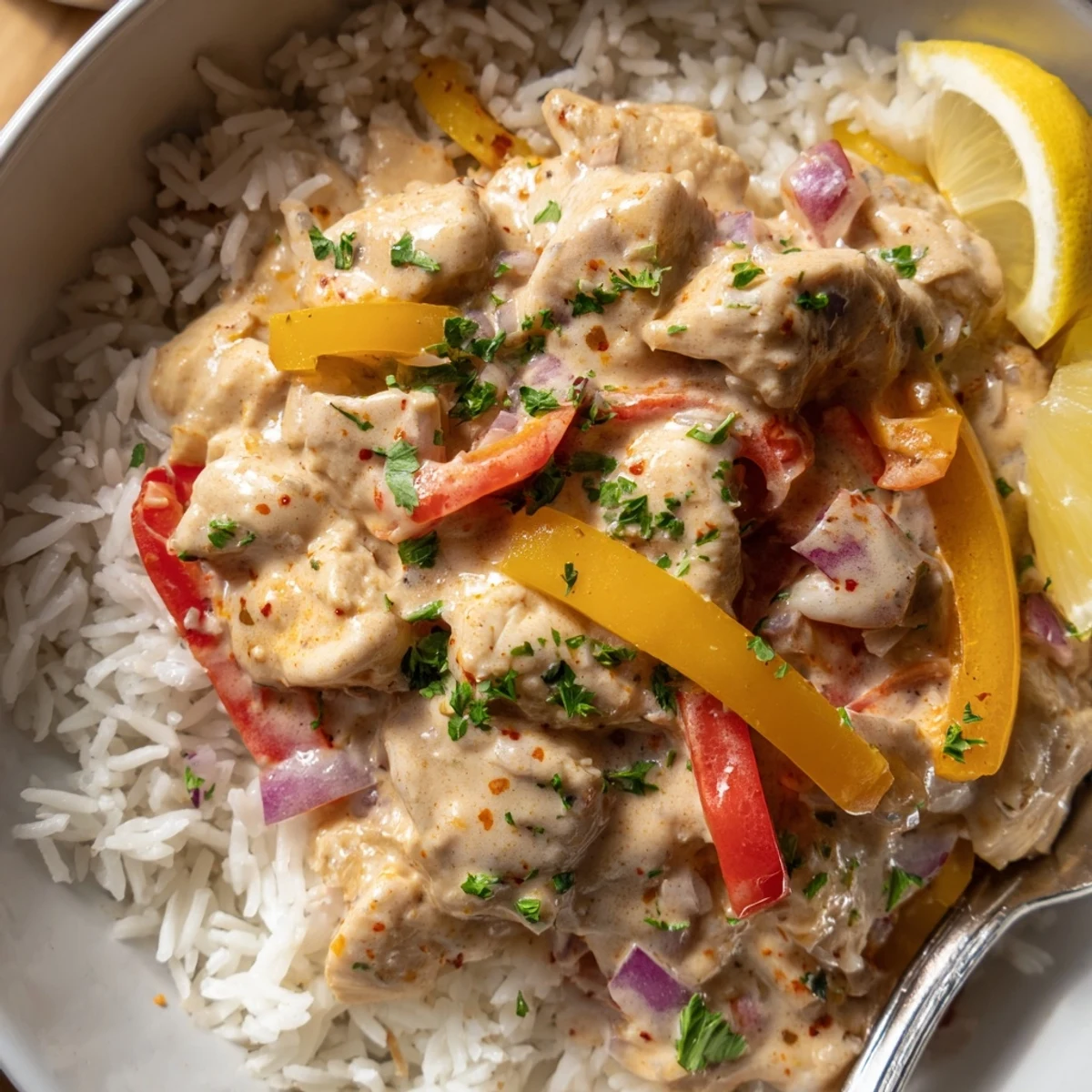 Skillet-style Creamy Cajun Chicken Rice Bowls served with fluffy rice and lemon.
