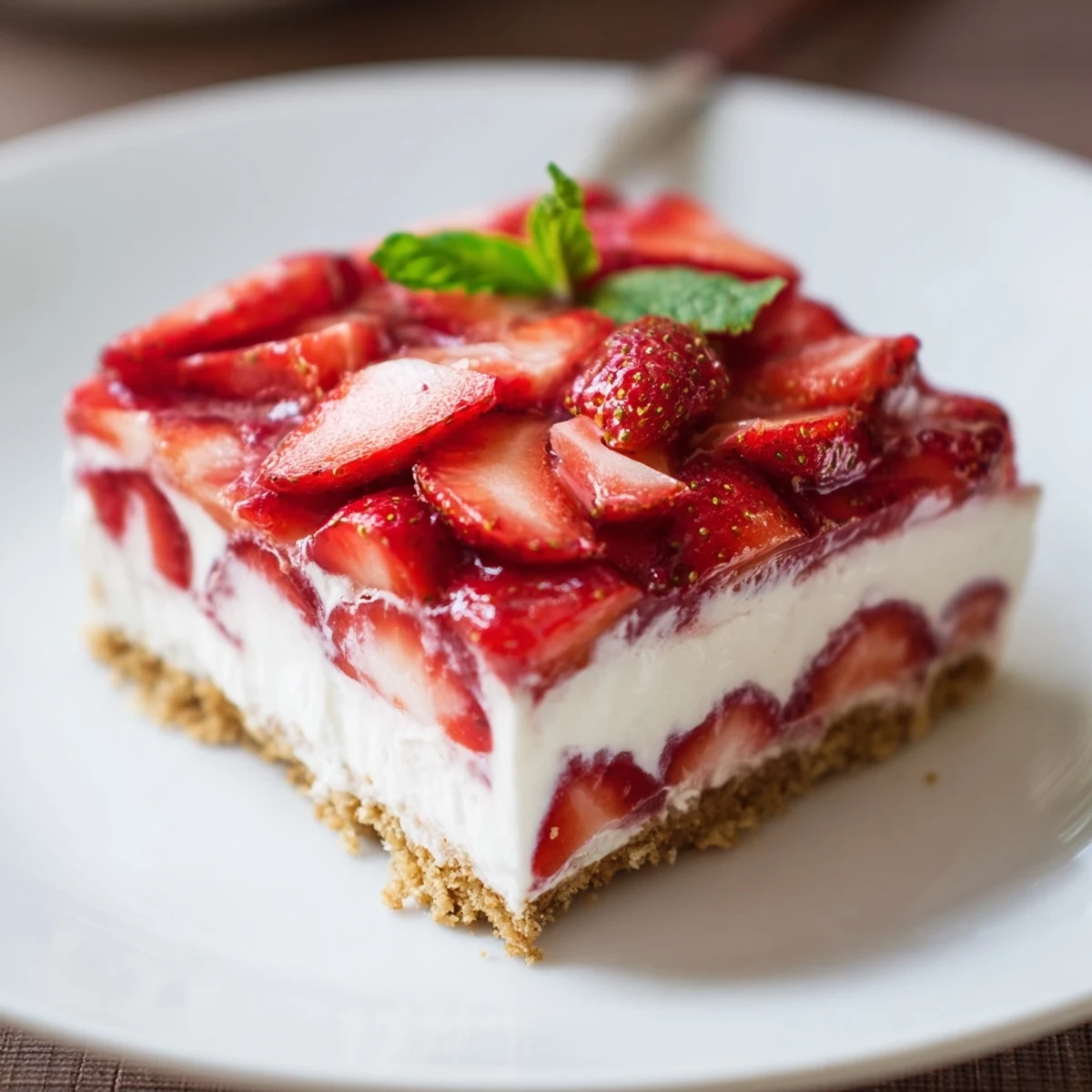 Chilled No Bake Strawberry Shortcake Dessert with graham cracker base and whipped cream