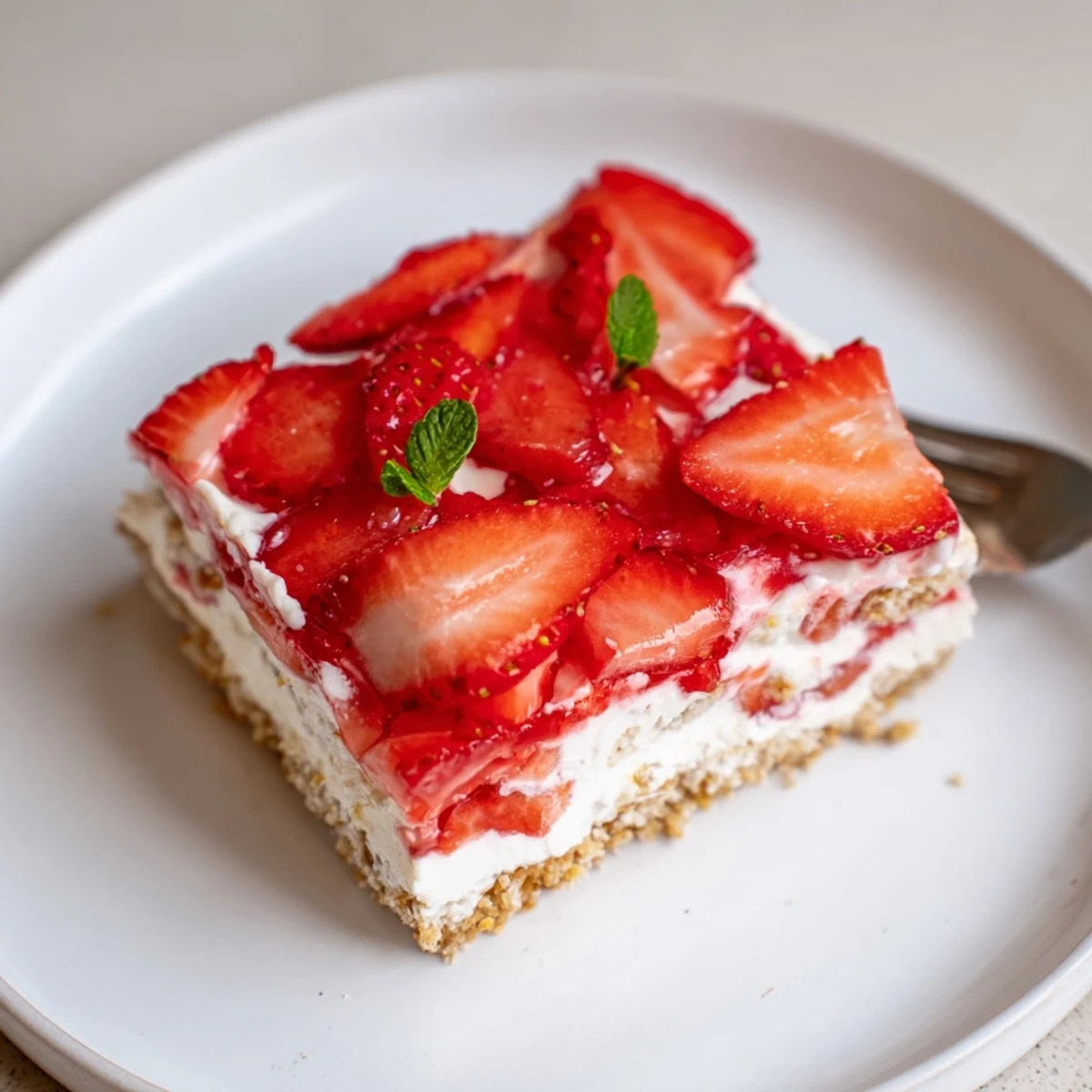 No Bake Strawberry Shortcake Dessert in square dish, creamy layers and juicy strawberries
