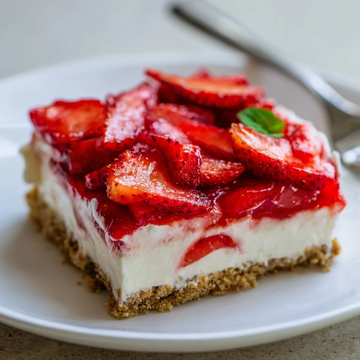 Serve No Bake Strawberry Shortcake Dessert topped with fresh strawberries and mint