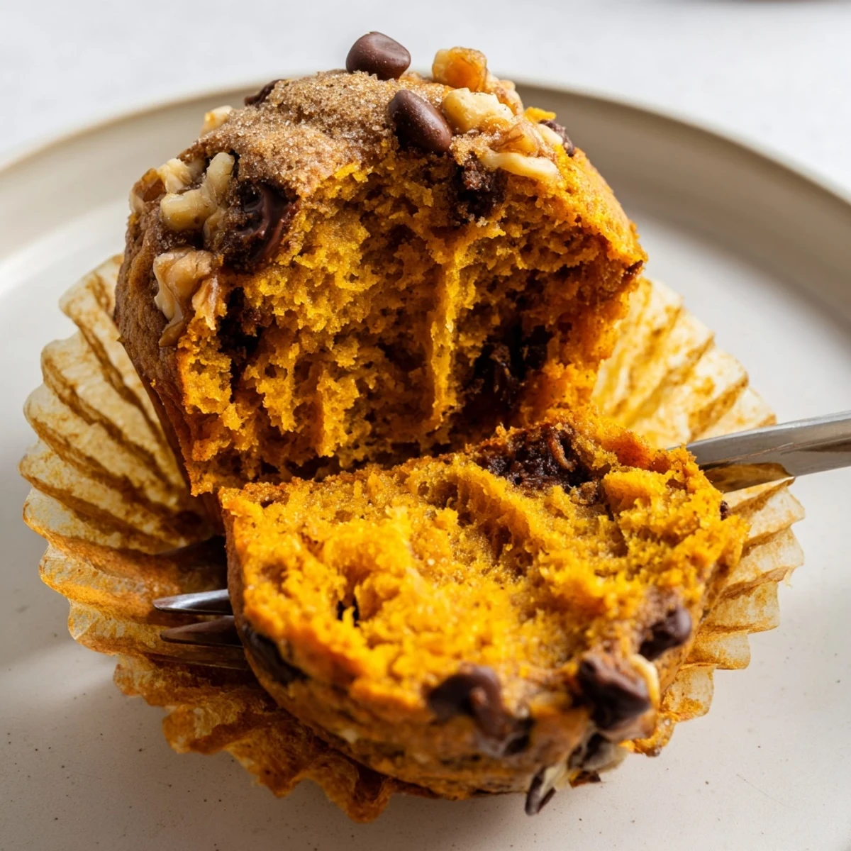 Freshly baked Pumpkin Banana Muffins Recipe, split to reveal moist, spiced interior.