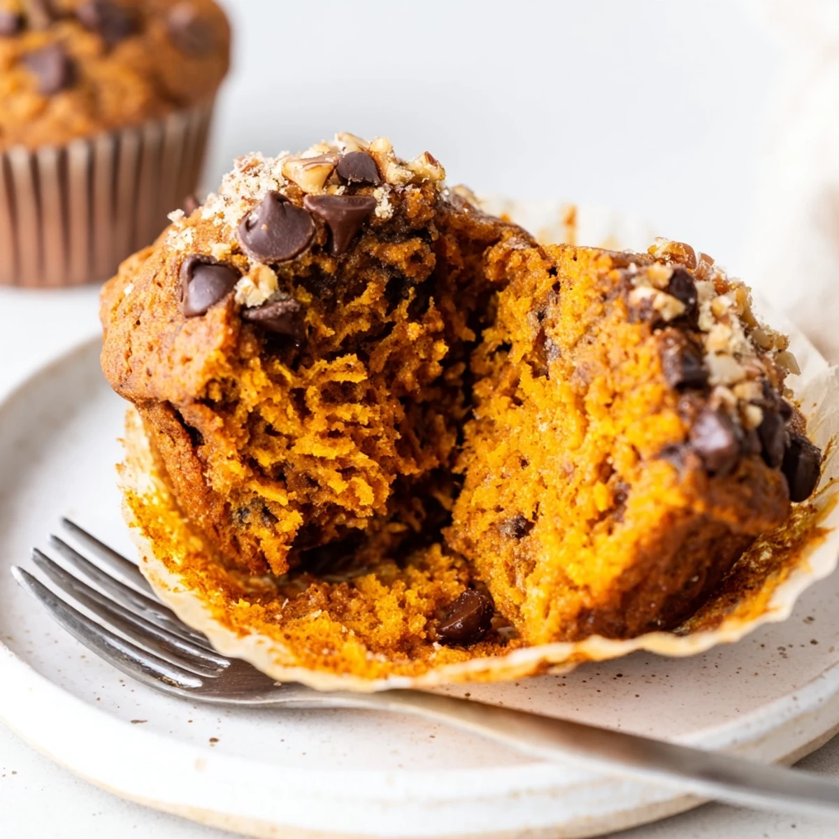 Pumpkin Banana Muffins Recipe stacked with golden tops, chopped nuts, chocolate chips.