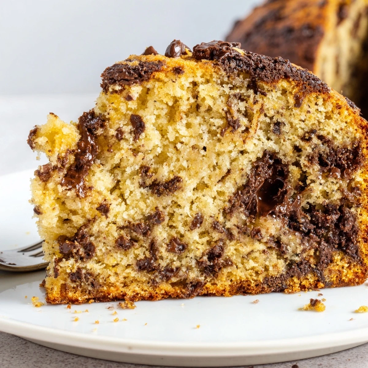 Sliced Banana Chocolate Chip Cake on wire rack, speckled with glossy chips