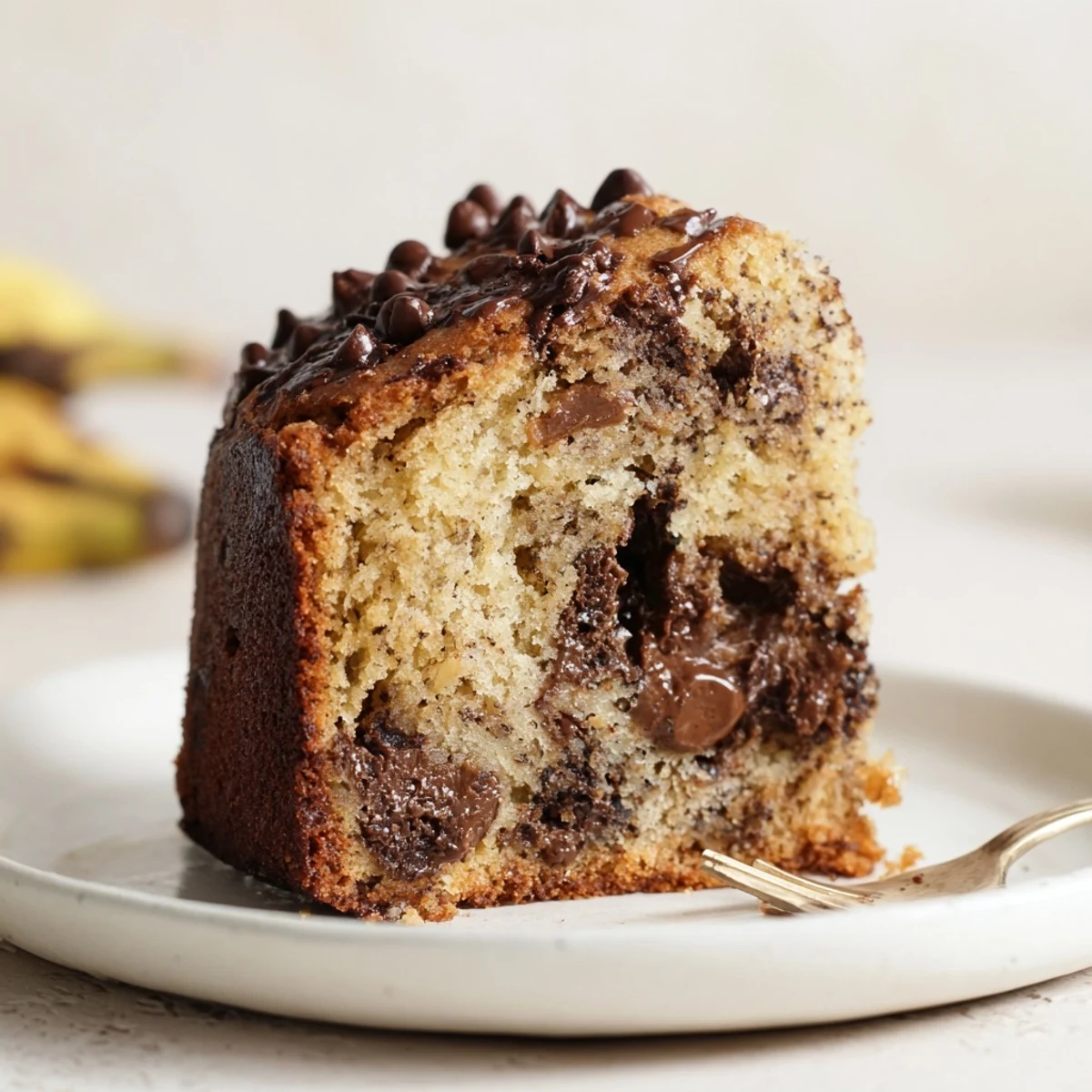 Warm Banana Chocolate Chip Cake straight from oven, moist crumb and melting chips