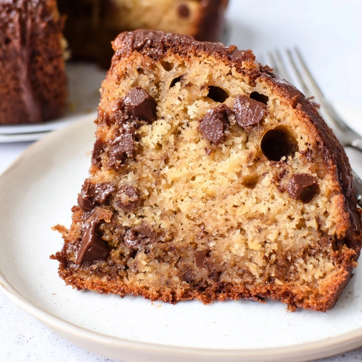 Hearty Banana Chocolate Chip Cake recipe served warm with vanilla ice cream