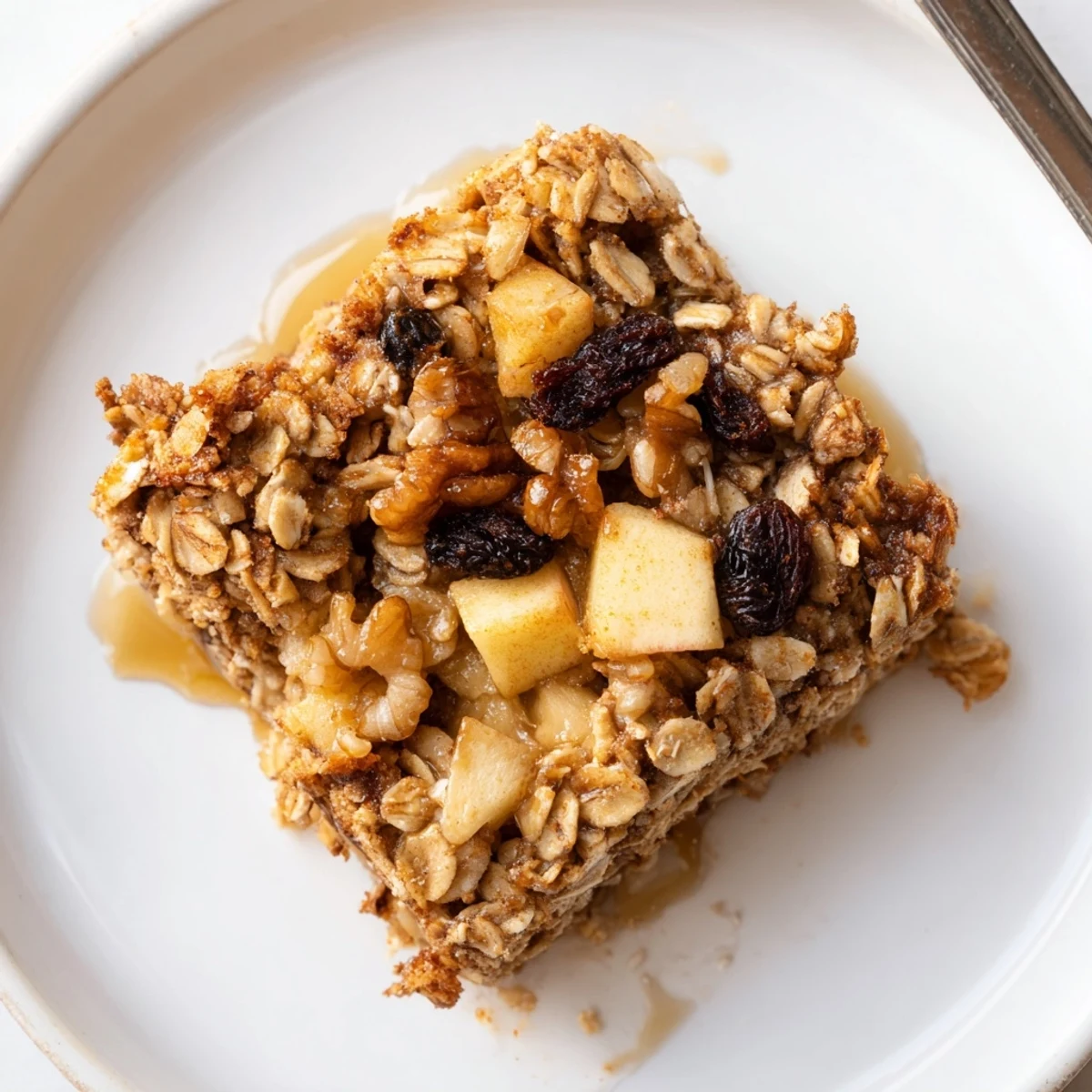 Slice of Delicious Apple Cinnamon Oatmeal Bake Recipe For Mornings topped with walnuts  