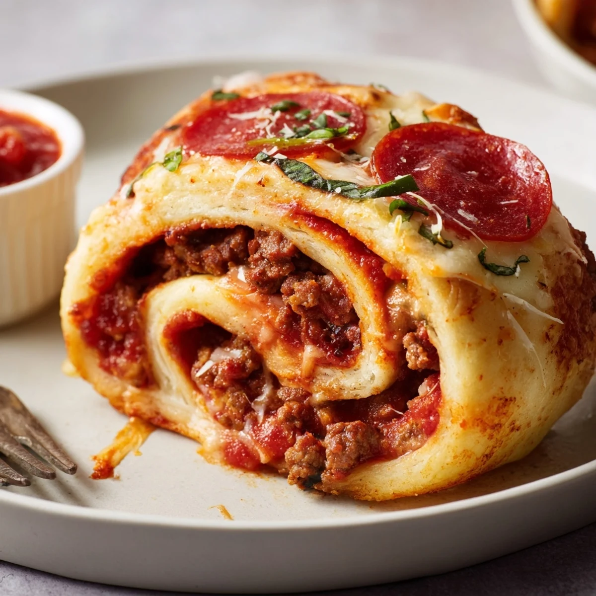 Warm Cheesy Beef Pepperoni Pizza Roll Ups Snack Recipe on parchment, ready for dipping.