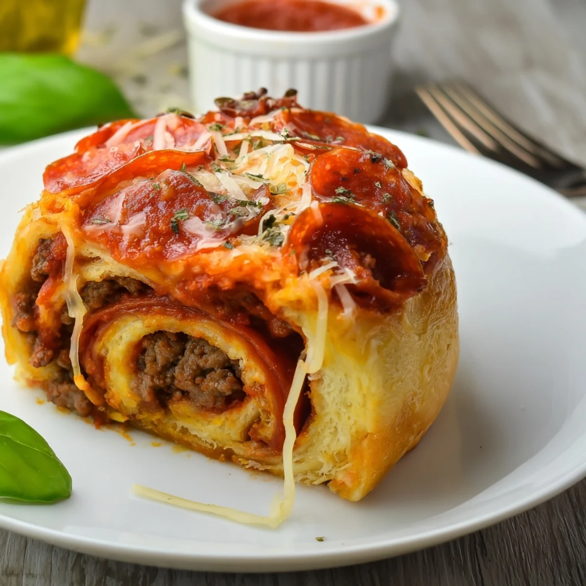 Cheesy Beef Pepperoni Pizza Roll Ups Snack Recipe showing golden, bubbling cheese.