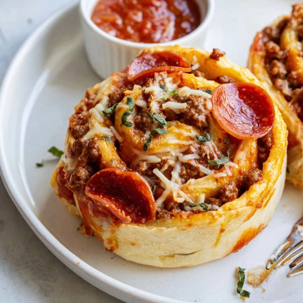 Family-style Cheesy Beef Pepperoni Pizza Roll Ups Snack Recipe sliced, aromatic, served with sauce.