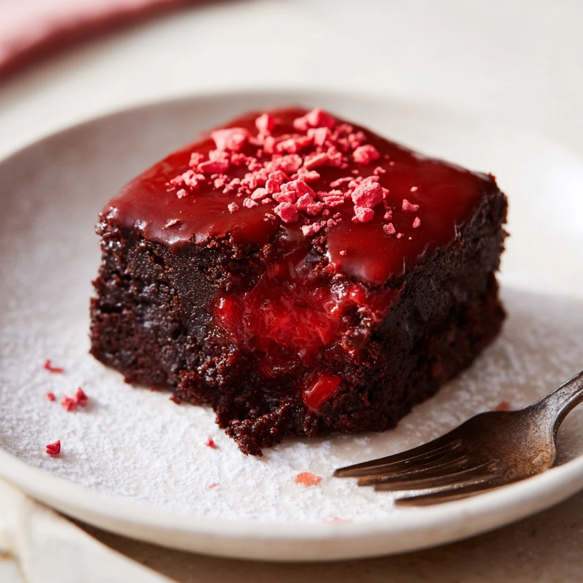 Fudgy Strawberry Brownies glazed with pink glaze, cut into neat squares.